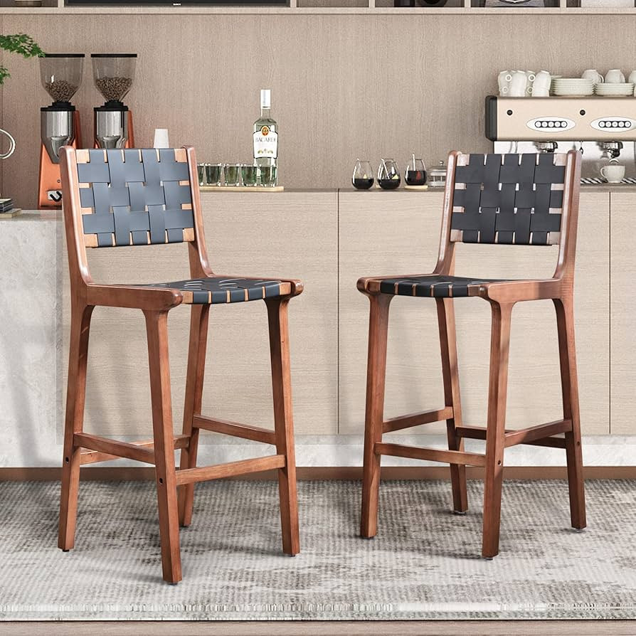 Bonzy Home 28" Woven Bar Stools Set of 2, Faux Leather Kitchen Stool Chairs with Back and Wooden ... | Amazon (US)