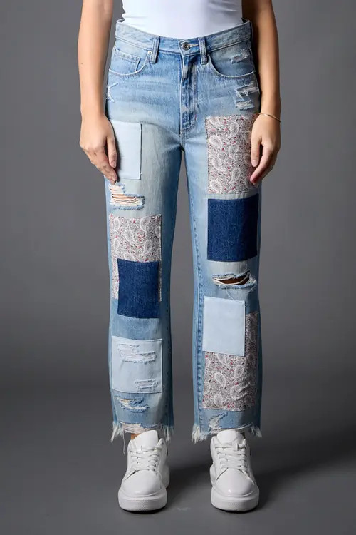 BLUE REVIVAL Paisley Patchwork Straight Leg Jeans in Miami Patchwork at Nordstrom, Size 27 | Nordstrom