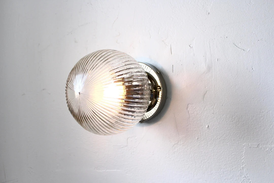 Wall Sconce Lamp, Modern Polished Nickel Flush Mount Sconce Lighting Fixture, Ribbed 6" Clear Gla... | Etsy (US)