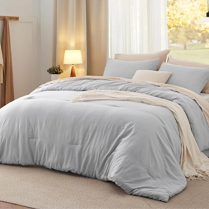 Bedsure Full Size Comforter Set, Light Grey Soft Prewashed Bedding for All Seasons, 3 Pieces Gent... | Amazon (US)