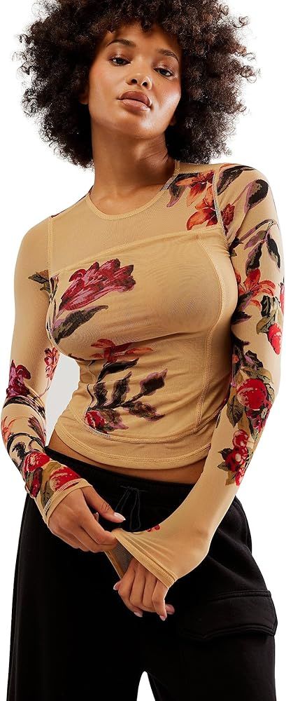 Women's Double-Layer Floral Print Mesh Tops Long Sleeve Sheer Blouse Slim Fit T-Shirts | Amazon (US)