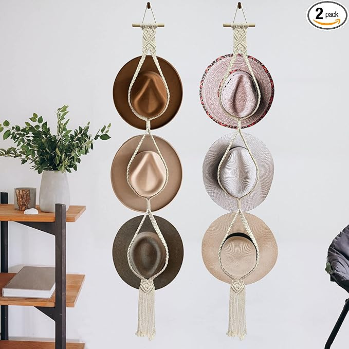 Besoamo 2Pcs Bohemian Hat Hangers Hat Organizer for Wall, Macrame Woman Hat Rack Hat Holder for W... | Amazon (US)
