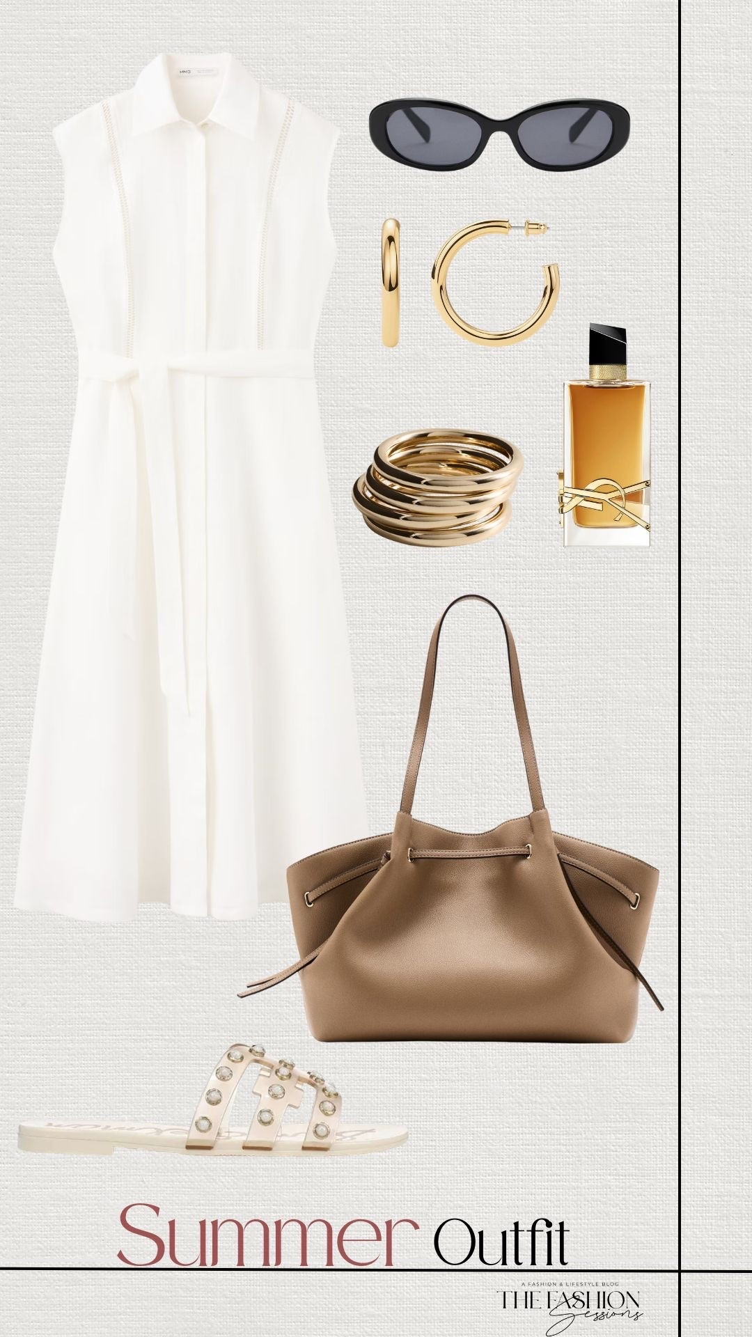 Summer Outfit | White Linen Dress | Cream Sandals | Cream Bag | YSL Perfume | Gold Jewelry

#LTKootd #LTKSeasonal
