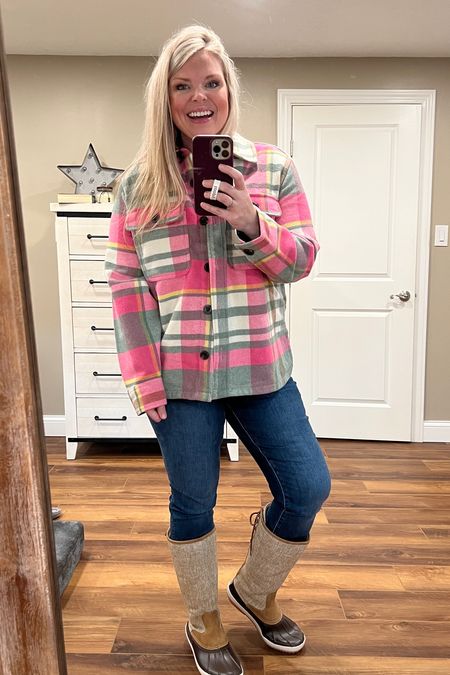This Walmart Shacket is everything!!!!! It’s really nice quality! I got a size Large - this is nice and warm but not overly boxy and frumpy!!! My Jeans are from American Eagle in the Dark Atlantic wash- I’m wearing a size 10. My exact boots aren’t available at MarleyLilly but I linked another pair I own from them 🫶🏼💕

#LTKcurves #LTKunder50 #LTKSeasonal