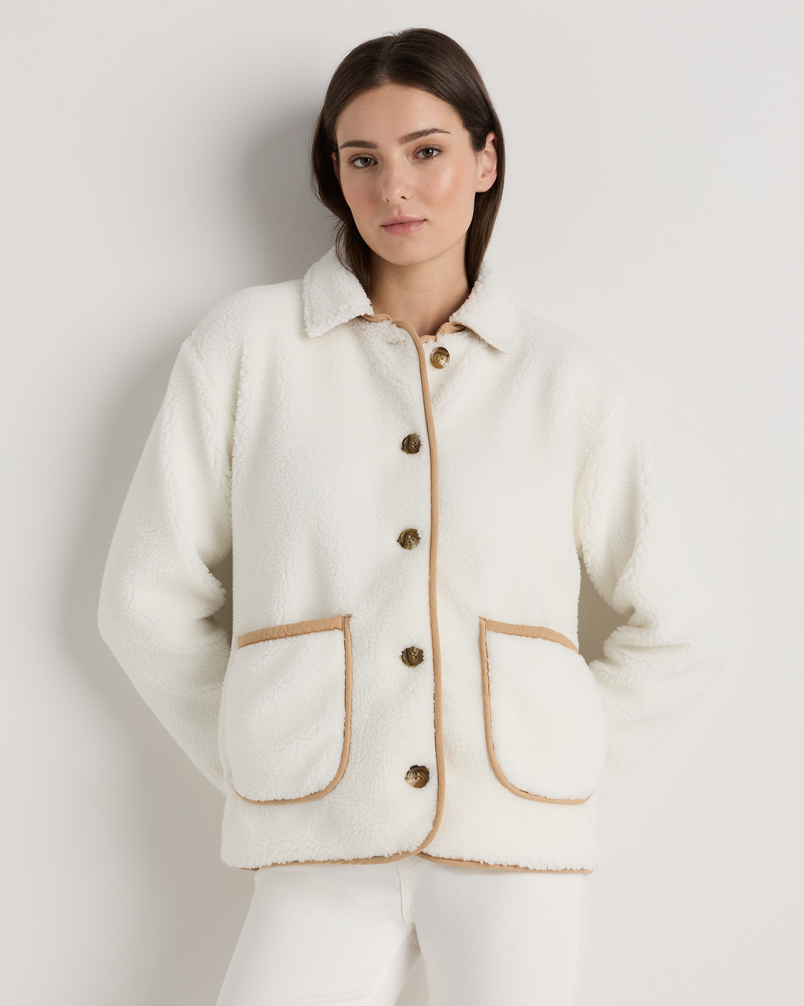 Quince | Women's Sherpa Barn Jacket in Frost/Camel, Size Small, Recycled Polyester | Quince