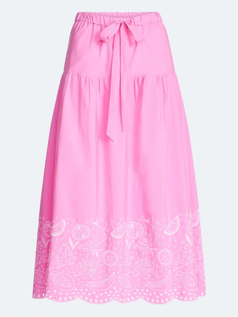 Free Assembly Women's Tie Waist Embroidered Cotton Midi Skirt, Sizes XS-XXL | Walmart (US)