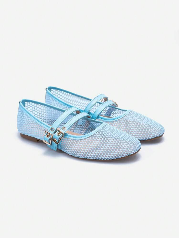 Women's Fishnet Hollow Ballet Flats, Lightweight Mesh, Elegant Double Straps With Intentional Per... | SHEIN