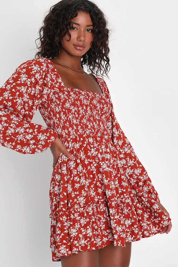 Delightful Dreams Rust Floral Smocked Balloon Sleeve Mini Dress | Lulus (US)