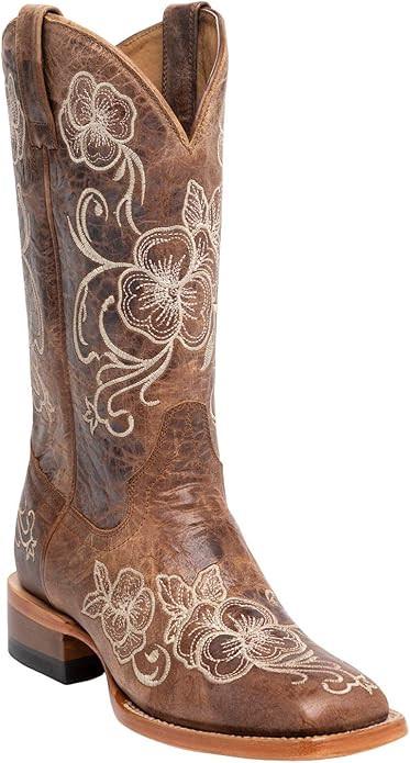 Shyanne Women's Lasy Floral Embroidered Western Boot Broad Square Toe Brown 7 1/2 M US | Amazon (US)