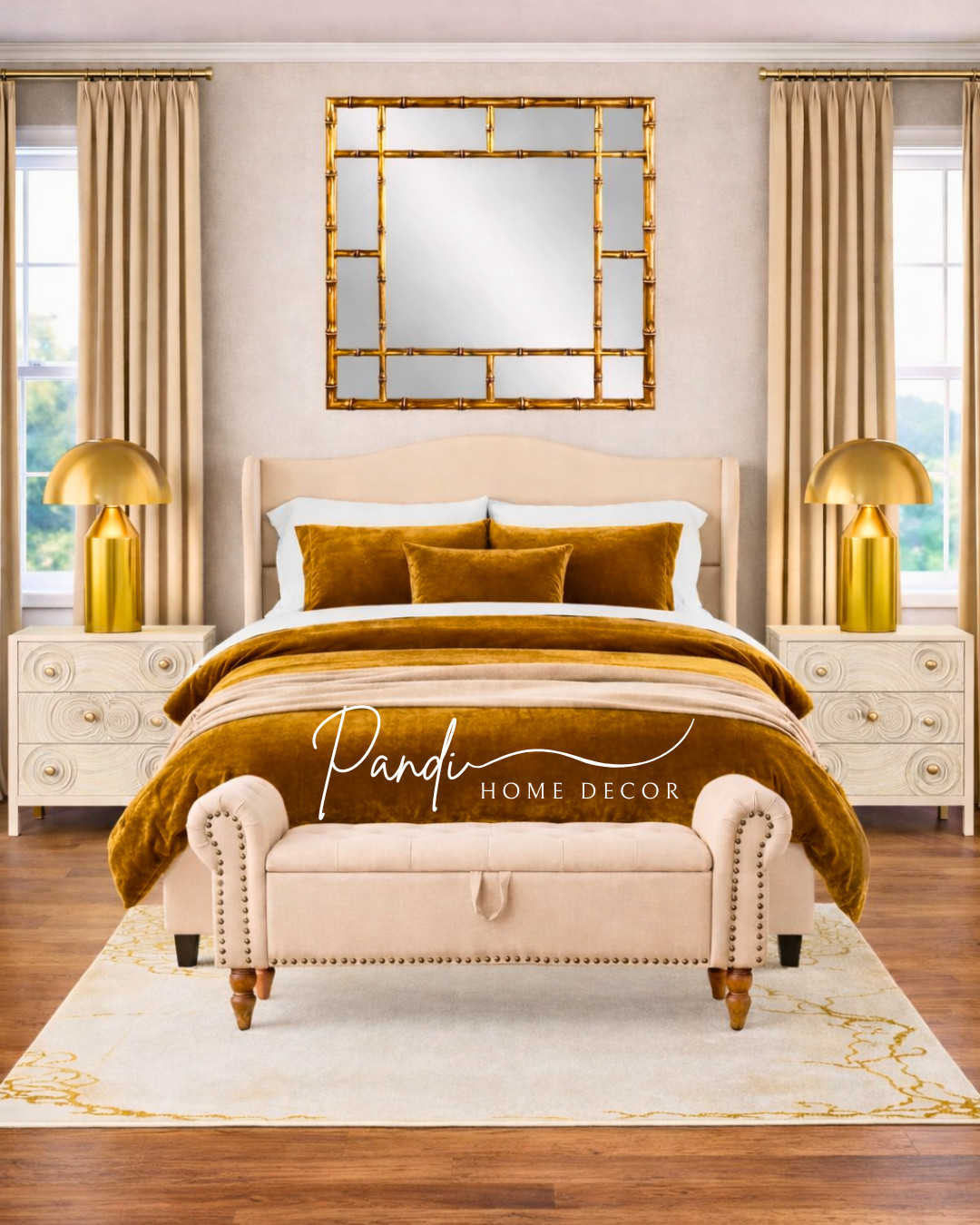 Beige wingback headboard, mustard gold velvet bedding, ochre plush duvet, matching velvet lumbar pillow, cream tufted storage bench with rolled arms and nailhead trim, gold bamboo fretwork mirror, oversized gold mushroom table lamps, white carved 3-drawer nightstands, beige floor-length curtains, neutral cream area rug with gold metallic accents, elegant traditional bedroom, warm golden hour palette, sophisticated luxury decor, glam interior design. 

 #LTKHome