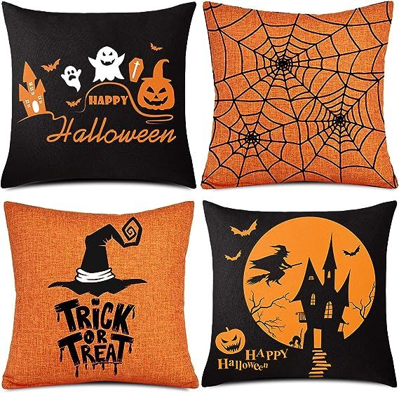 Whaline 4 Pieces Halloween Pillow Case, Orange and Black Pillow Cover, Happy Halloween Linen Sofa... | Amazon (US)