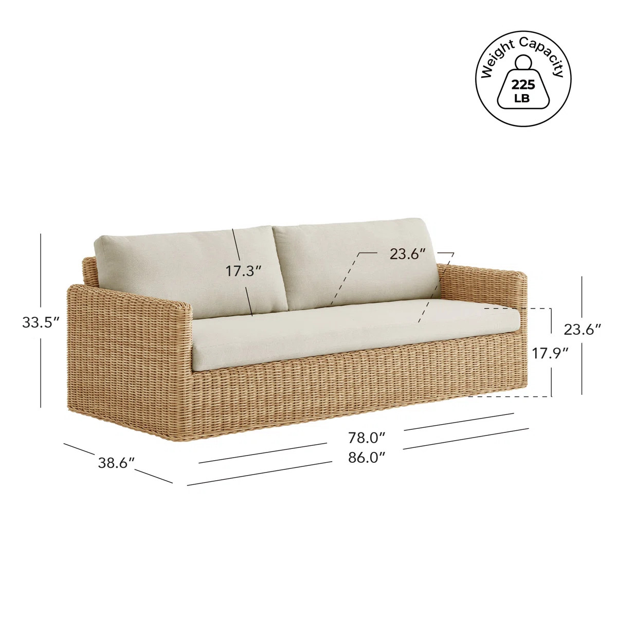 Abela 86" Wicker Patio Sofa with Cushions | Wayfair North America