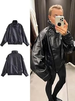 Womens Faux Leather Jacket Stand Collar Oversize Pebbled Zip Up Crop Jackets Winter Motorcycle Ja... | Amazon (US)