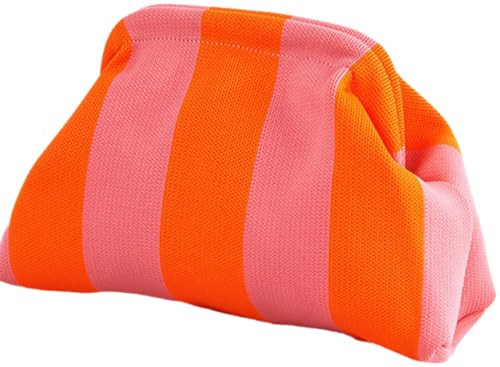 DIHKLCIO Clutch Purses for Women Summer Beach Woven Crochet Handbag Dumpling Striped Ruched Cloud Purse colorblock Evening Bag pink orange | Amazon (US)