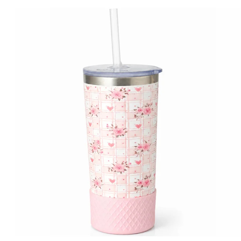 Biddlebee 20oz Insulated Stainless Steel Tumbler with Straw and Silicone Boot, Pink Roses | Walmart (US)