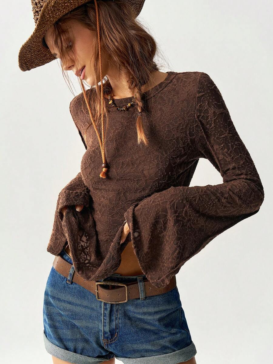 Bohemela Solid Color Knit Lace Splicing Flare Sleeve Fitted Regular T-Shirt For Ladies | SHEIN