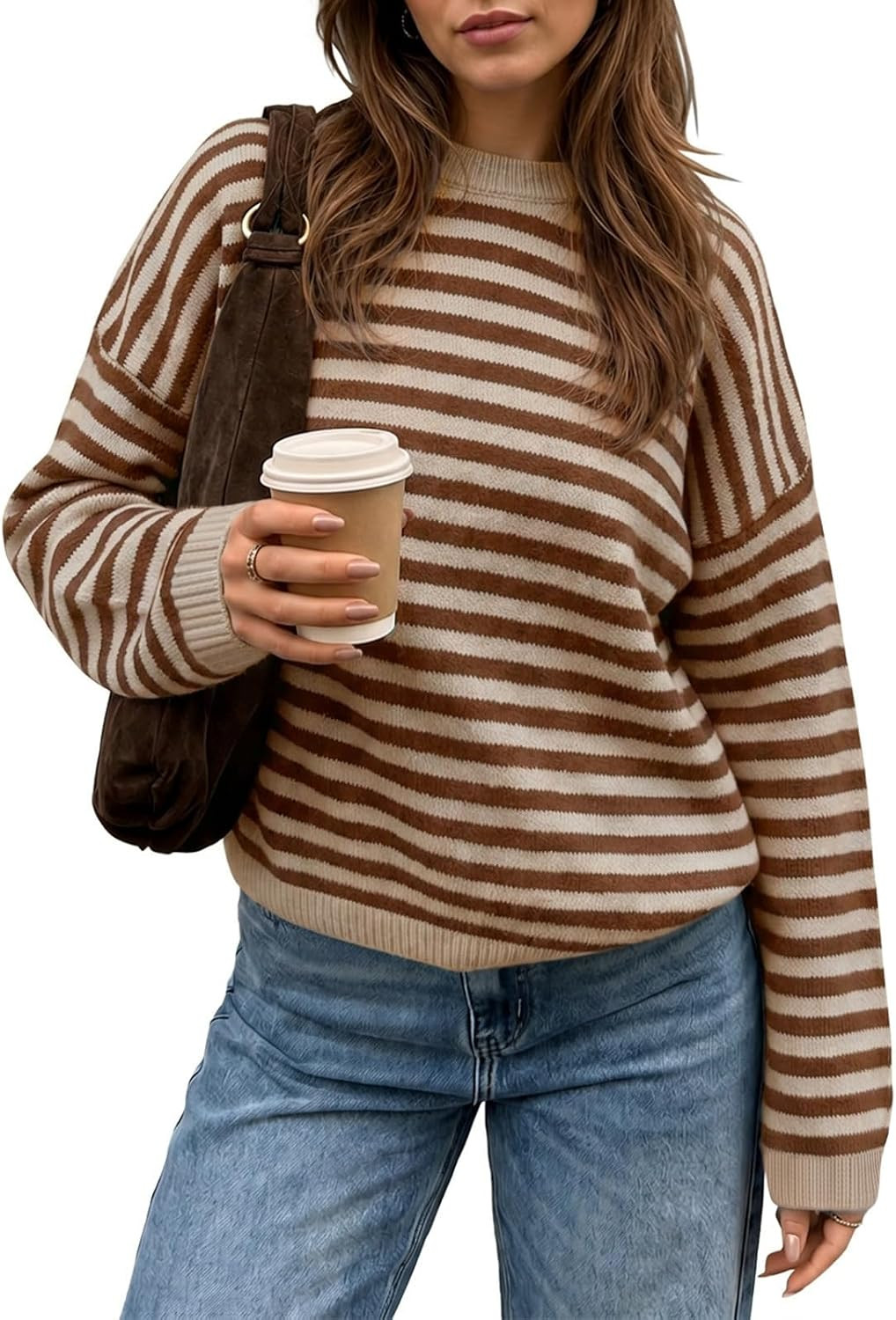 Saodimallsu Womens Striped Sweater Oversized Crew Neck Pullover | Amazon (US)
