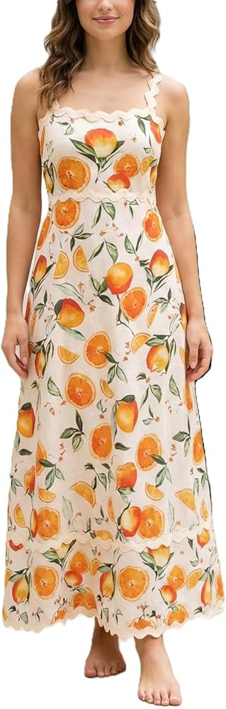 Women's Classy Sleeveless Lemon Print Maxi RIC Rac Dress | Amazon (US)