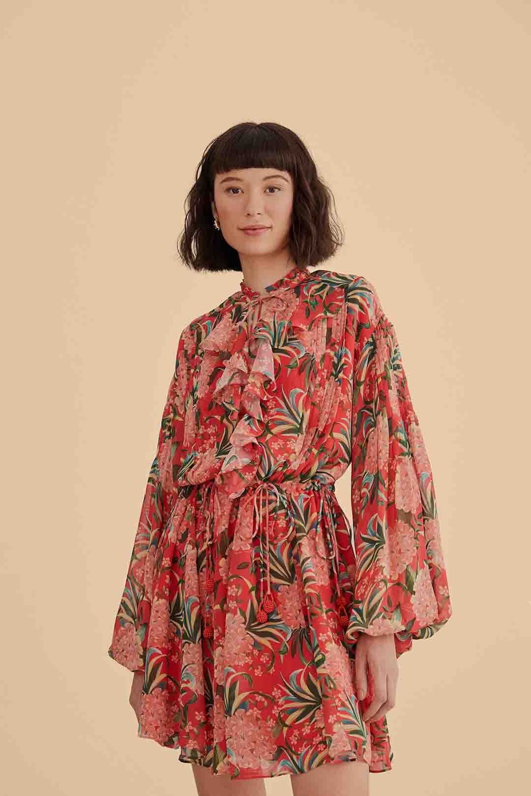 Red Pineapple Bloom V Neck Mini Dress | FarmRio (US)