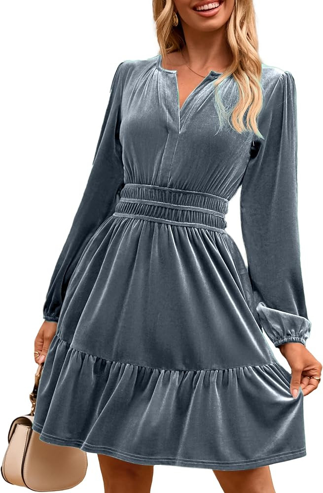 Simplee Womens Velvet Dress 2025 Fall Cocktail Long Sleeve Empire V Neck Wedding Guest Holiday Mi... | Amazon (US)