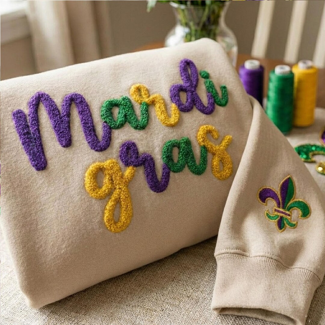 Custom Mardi Gras Chenille Yarn Embroidered Sweatshirt, Louisiana Festival Pullover, Fleur De Lis... | Etsy (US)