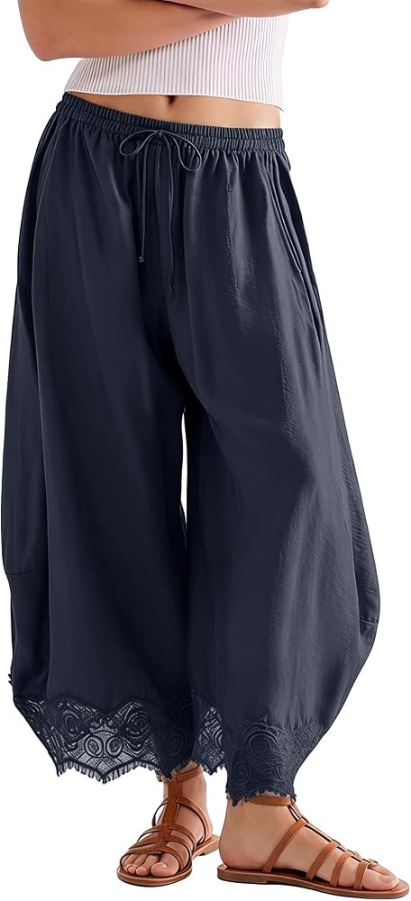 SeeLuNa Comfy Women's Pants Cropped Lace Hem Pants Summer Boho Drawstring High Rise Wide Leg Loun... | Amazon (US)