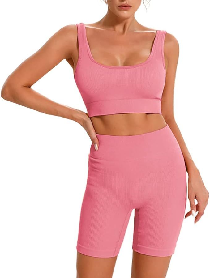 Ribbed Seamless Yoga Set Two Piece Workout Sets For Women Sports Bra With Highwaist Shorts Outfit... | Amazon (US)