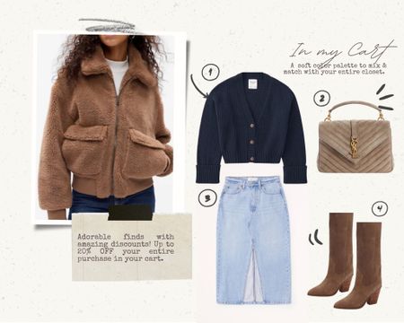 Fall outfit inspo with all the necessities. A sherpa jacket, comfy sweater, long jean skirt, tall boots & a designer velvet purse from YSL! Fall outfit at your fingertips.


#LTKstyletip #LTKsalealert #LTKSeasonal