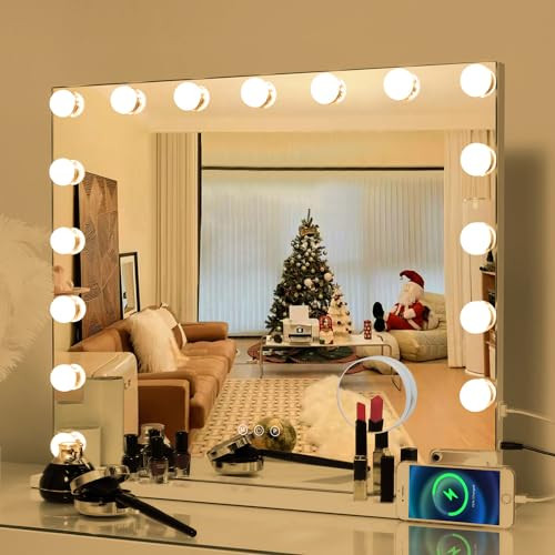 AMST Lighted Makeup Vanity Mirror with Lights, Led Light Up Makeup Mirror with 17pcs Dimmable Bulbs, 3 Color Modes, Smart Touch Control, Tabletop or Wall Mounted, Hollywood Style, 23.62" x 20" | Amazon (US)