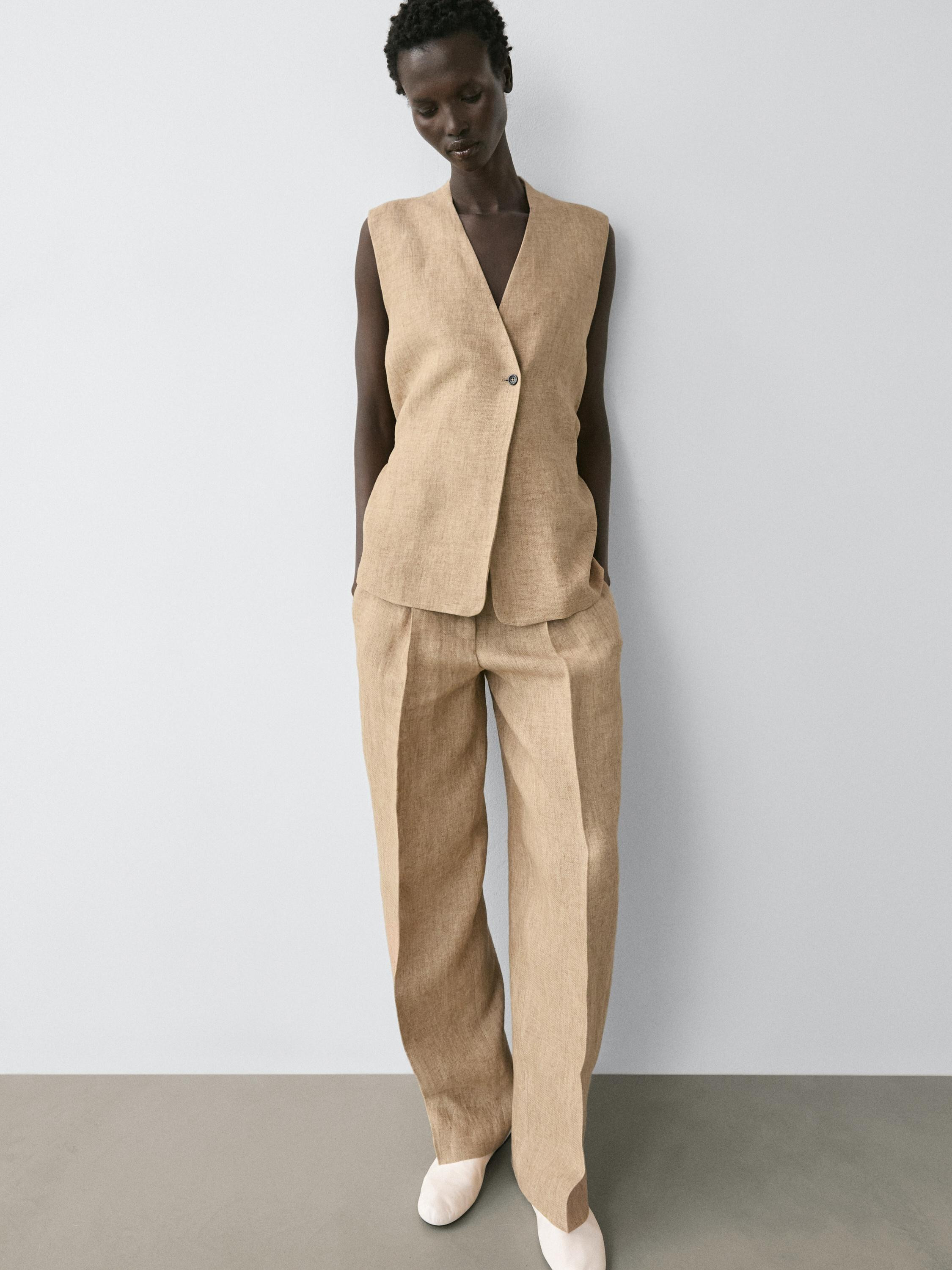 Linen waistcoat with crossover fastening · Beige · Blazer | Massimo Dutti | Massimo Dutti US
