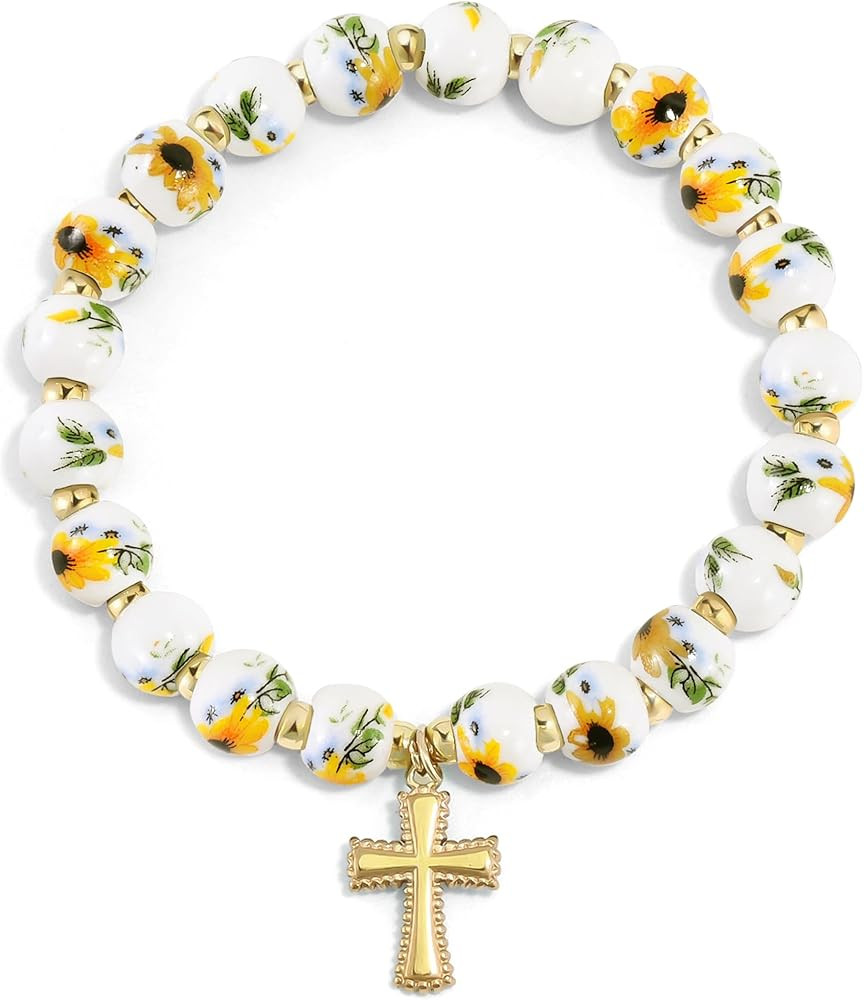 VIBILIA Cross Bracelets for Women, Cross Charm Vintage Jewelry, Flower Beaded Bracelet, Gold Hand... | Amazon (US)