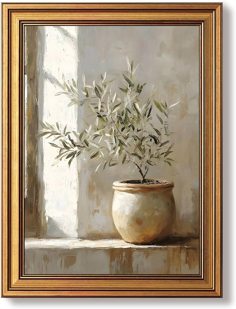 Vintage Gold Framed Olive Tree Canvas Wall Art, Neutral Botanical Pictures Wall Decor, Rustic Pot... | Amazon (US)