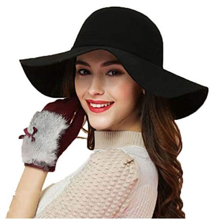 ASSQI Women s Foldable Wide Brim Retro Fedora Floppy Felt Bowler Hat Black | Walmart (US)