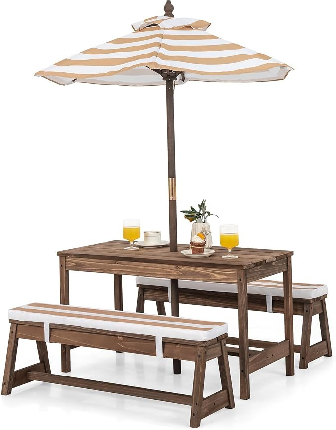 HONEY JOY Kids Picnic Table, Outdoor Wooden Table & Bench Set w/Removable Cushions and Umbrella, ... | Amazon (US)