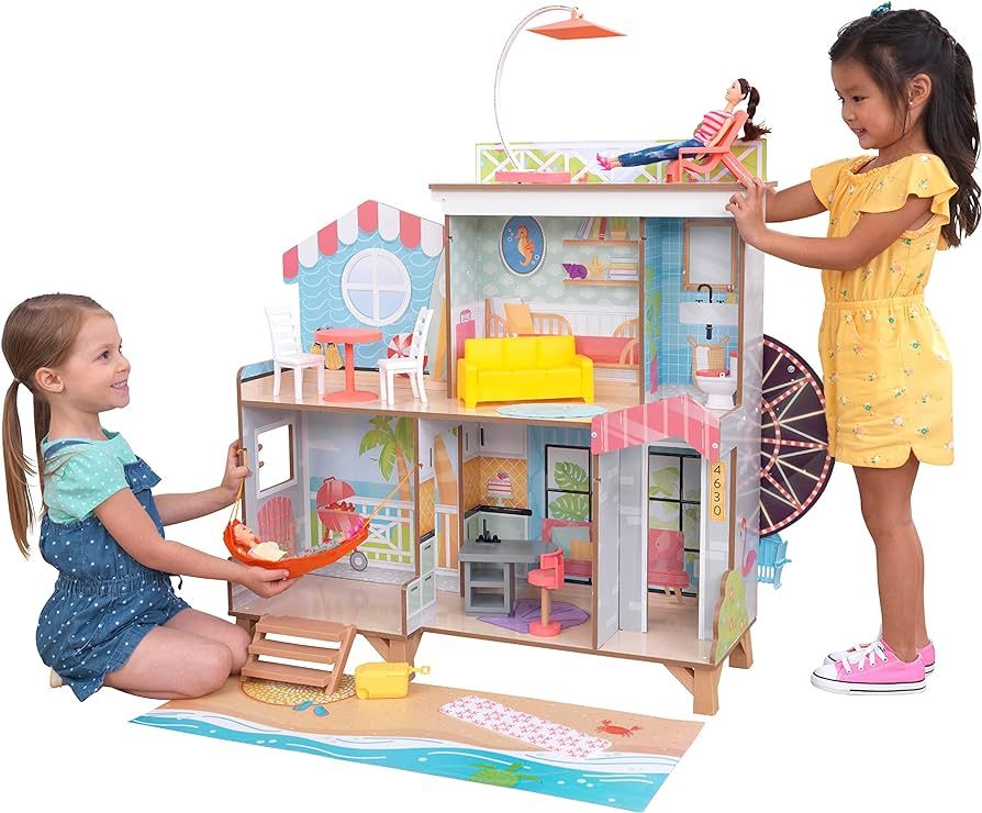 KidKraft Ferris Wheel Fun Beach House Wooden 360-Play Dollhouse with 19 Accessories and EZ Kraft ... | Amazon (US)