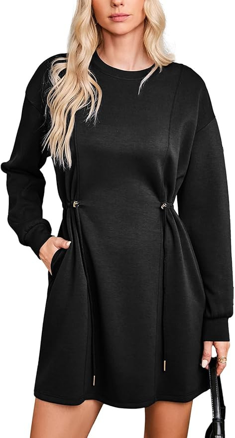 Dokotoo Women's Drawstrings Waistband Long Sleeves Crew Neck Sweatshirt Casual Mini Dress | Amazon (US)