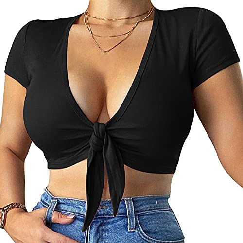 LCNBA Deep v Neck Short Sleeve Crop Top,Bandage Cross Wrap Tie Up Crop Tops Black | Amazon (US)