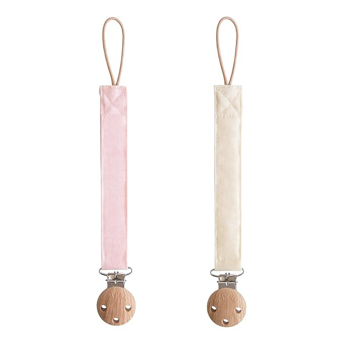 mushie Linen Baby Pacifier Clip Holder | Soft Fabric Strap, 2-Pack (Blush/Cream) | Amazon (US)