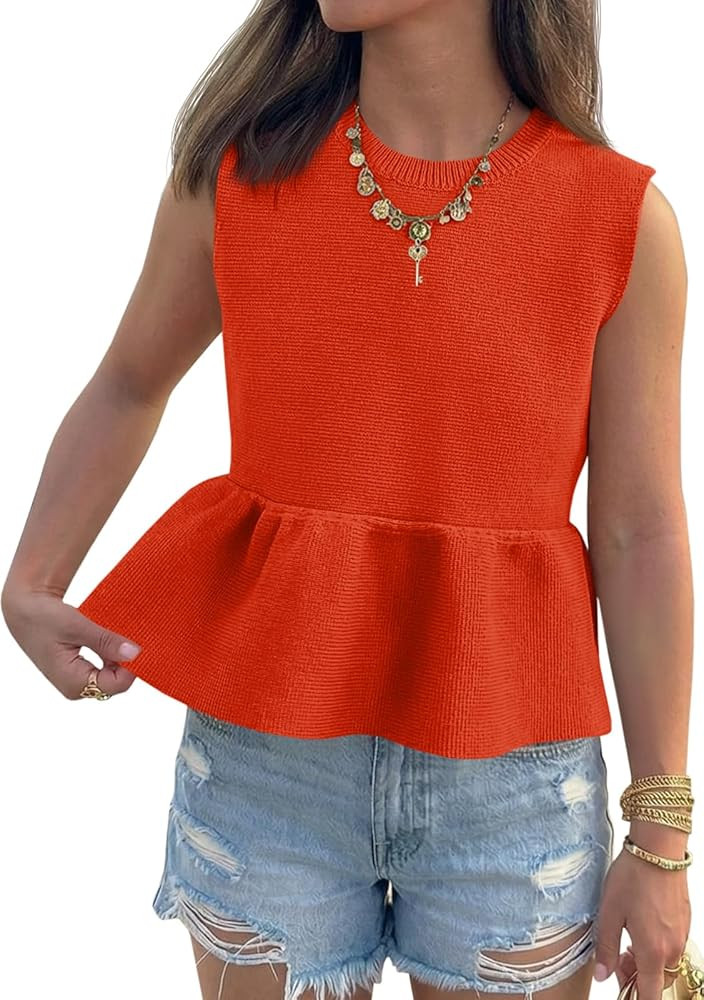 Saodimallsu Womens Sleeveless Babydoll Tank Tops Peplum Ruffle Crew Neck Ribbed Knit Summer Trend... | Amazon (US)