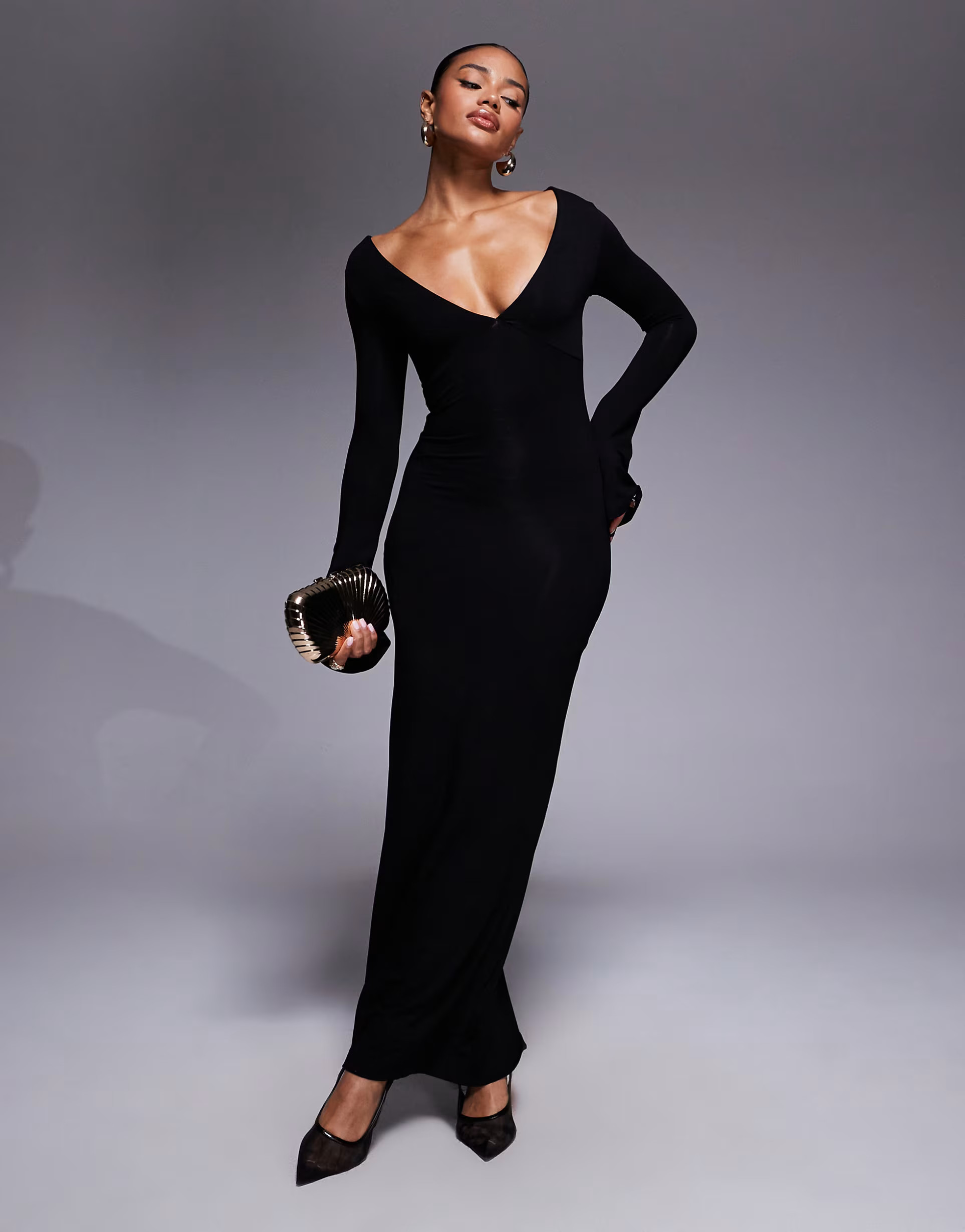 ASOS DESIGN shoulder grazer long angel sleeve maxi dress in black | ASOS (Global)