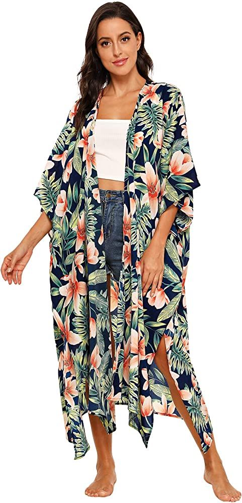 SweatyRocks Women's Flowy Kimono Cardigan Open Front Maxi Dress Loose Beach Coverups Swimsuit Cov... | Amazon (US)