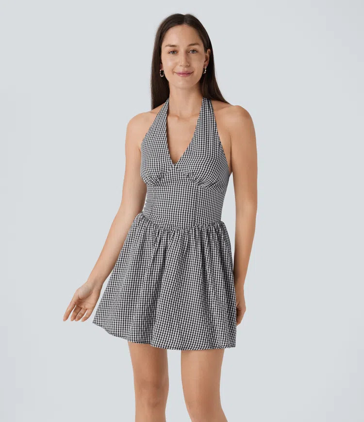 V Neck Halter Shirred Gingham Mini Dress | HALARA