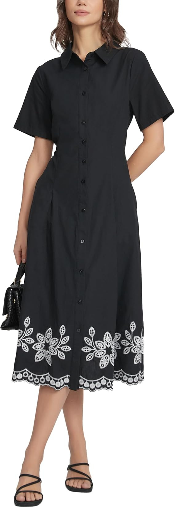 Women's Embroidered Midi Shirt Dress Short Sleeve Button Down Elastic Waist A-Line Flowy 2026 Sum... | Amazon (US)