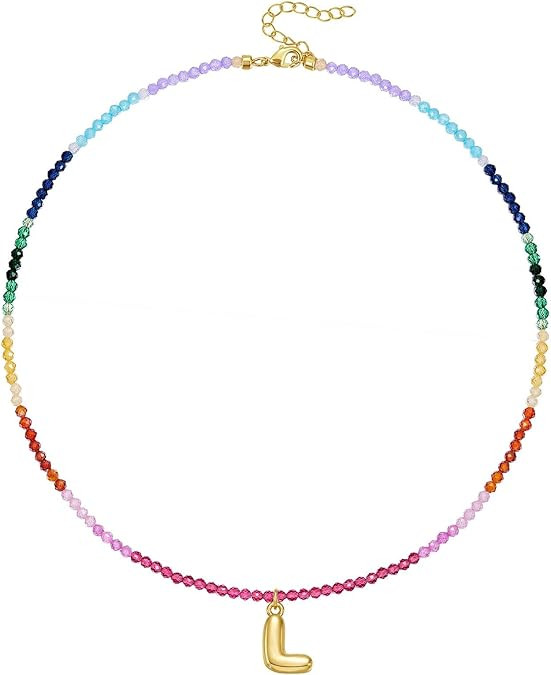 KissYan Beaded Initial Necklace for Women, 14K Gold Plated Bubble Letter Pendant Rainbow Gemstone... | Amazon (US)