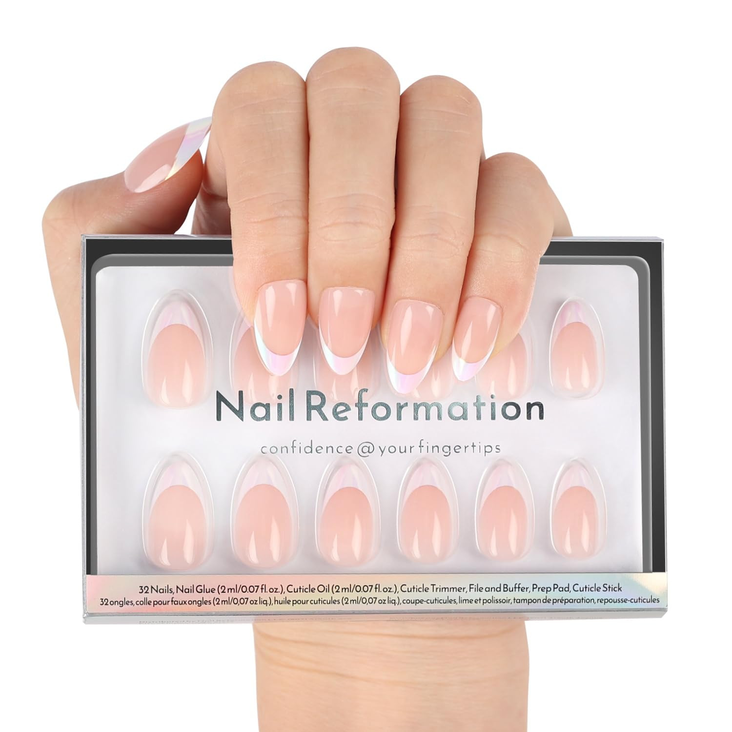 Nail Reformation Press On Nails, Mirror Effect | Short Almond Fake Nails in White French Tip on P... | Amazon (US)