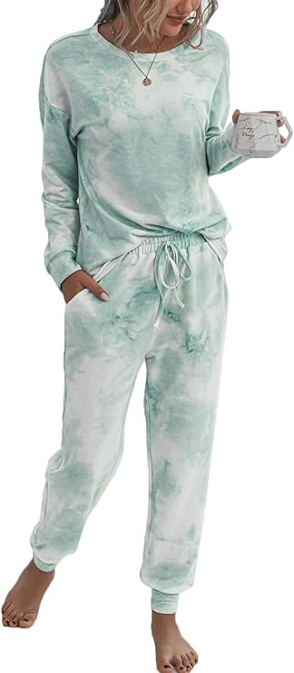 LOGENE Women's Tie Dye Pajamas Set Long Sleeve Sweatshirt and Long Pants Lounge Sets Sleepwear | Amazon (US)
