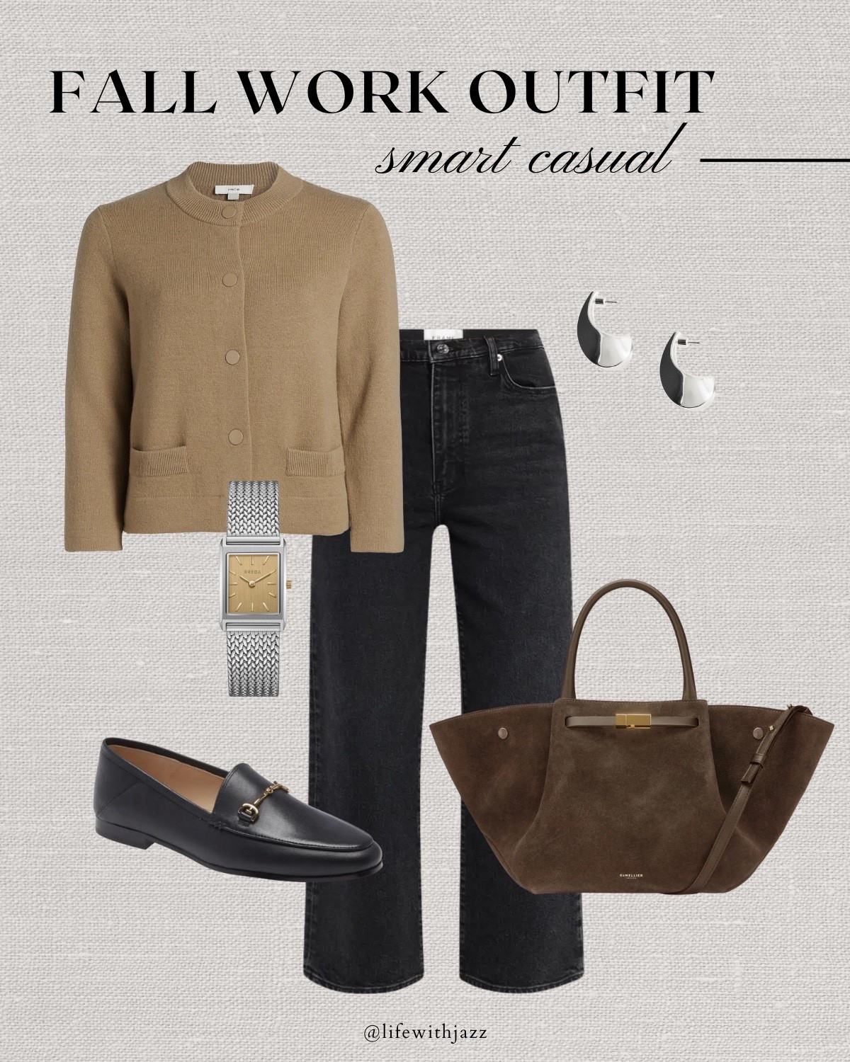 Fall work capsule outfit 

Fall capsule / office outfit / smart casual style/ tan sweater cardigan / black ankle jeans / loafers / Demellier tote bag / Breda watch / elevated style 

#LTKWorkwear #LTKStyleTip
