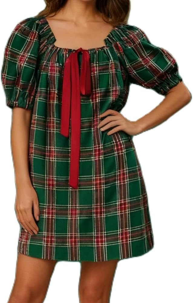 Women Gingham Mini Dress Y2k Square Neck Puff Sleeve Short Dresses Tie Front Plaid Babydoll Dress | Amazon (US)
