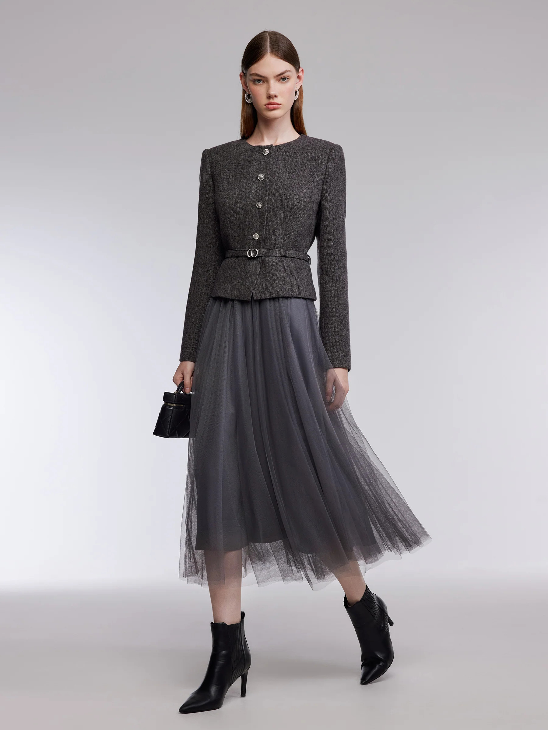 Washable Merino Wool Patchwork Women Maxi Dress With Belt | GOELIA