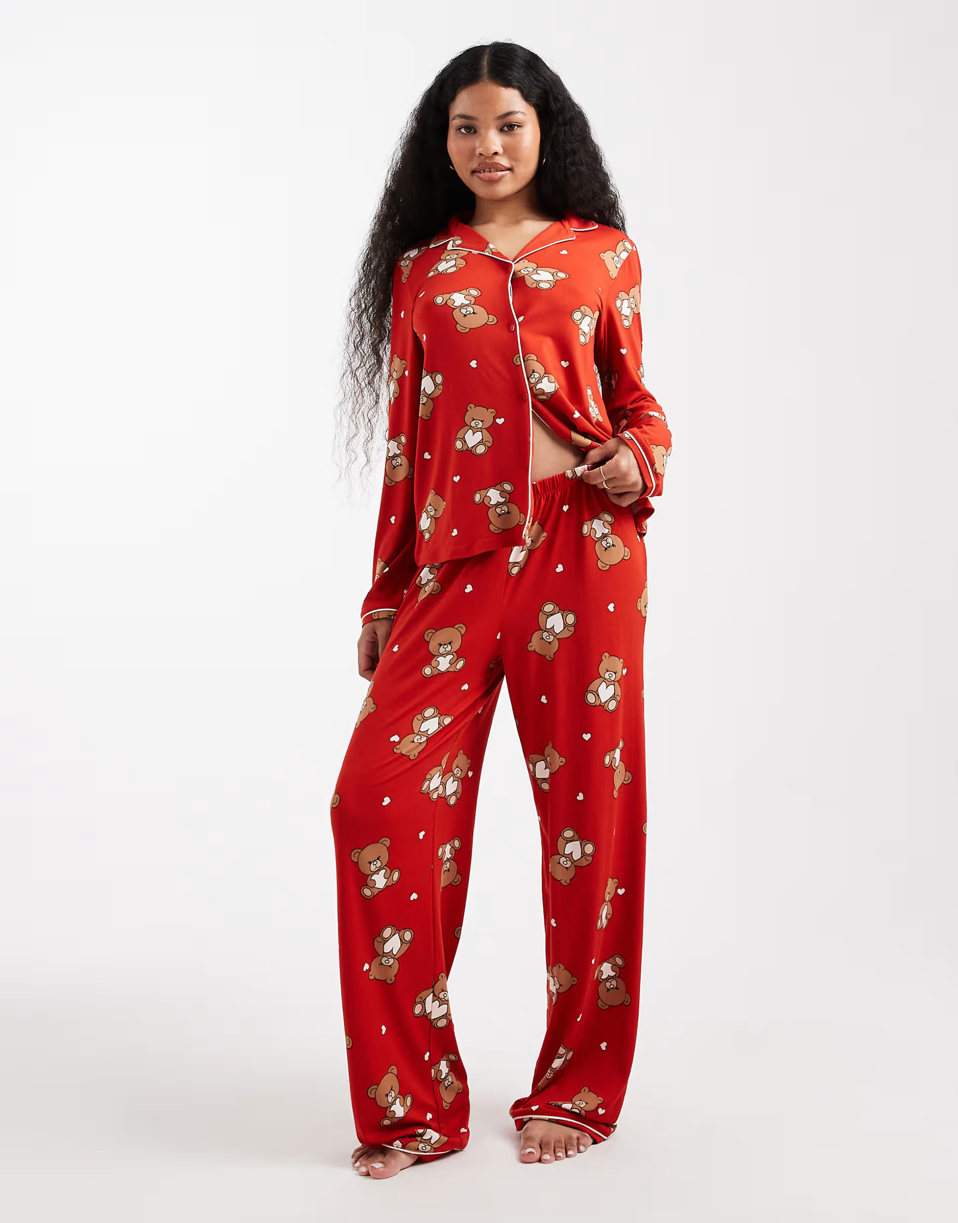 Urban Threads Petite Christmas long sleeve revere and trouser pyjama set in teddy print | ASOS (Global)